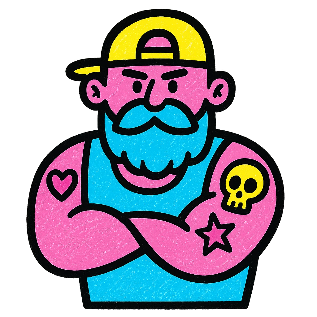 tattooed guy with a hat, bold graphic style emoji