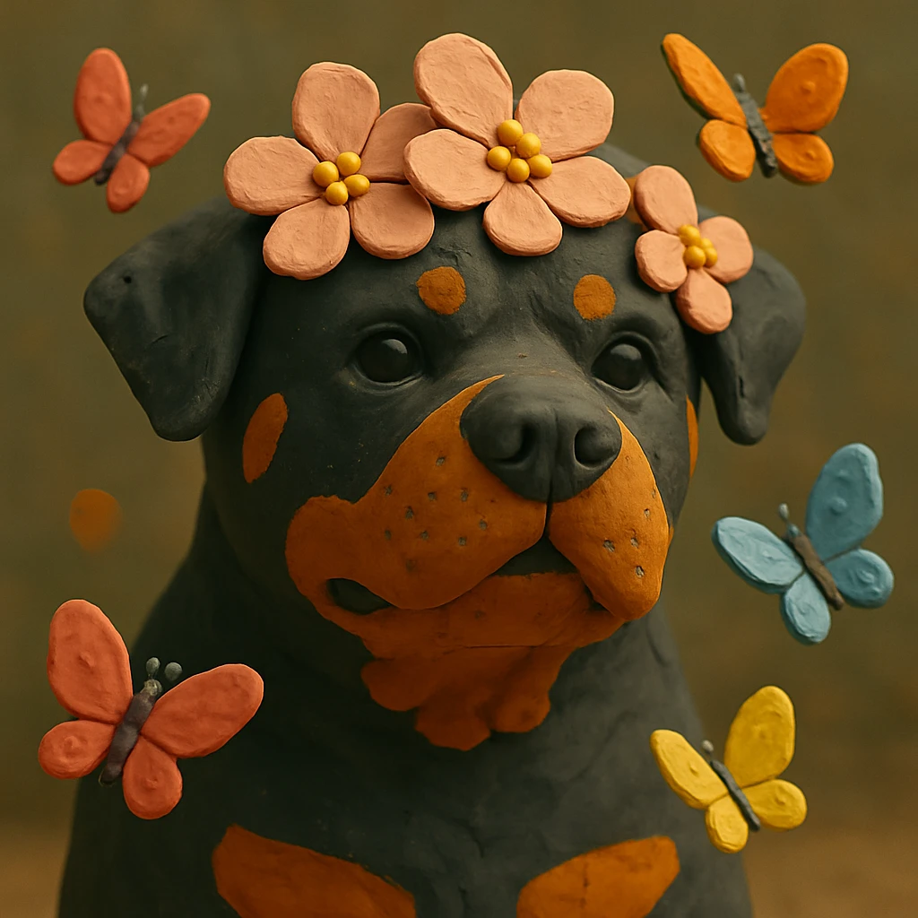 Add butterflies fluttering around the rottweiler with a cherry blossom flower crown, keep the original style and colors emoji
