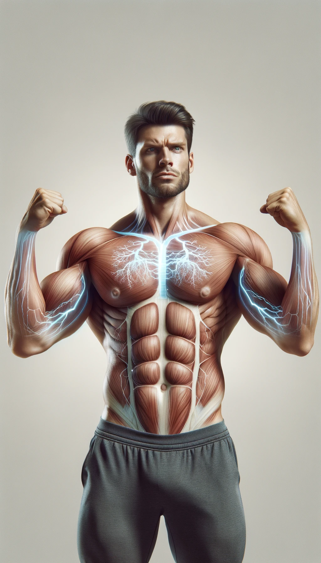 un uomo forte e in salute che esprime potere grazie al suo testosterone, con sfondo chiaro neutro, iperrealistico 4k emoji