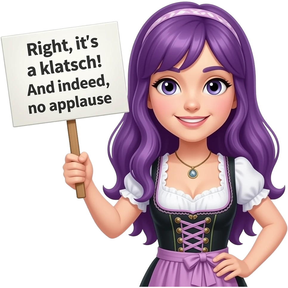 girl with long purple hair wearing a dirndl holding a Glei KLATSCHT'S! Und zwar koan APLLAUS sign emoji