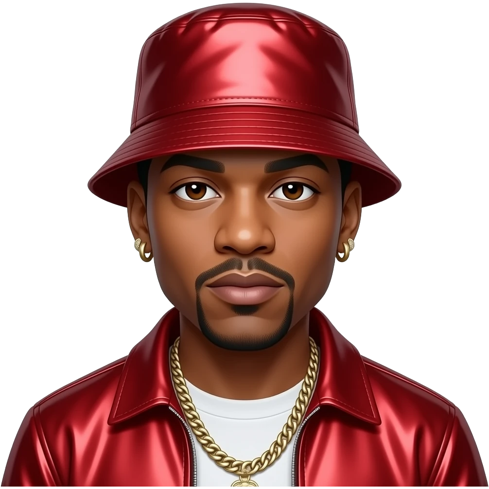 LL Cool J with dark brown eyes, red metallic bucket hat, red metallic hip-hop outfit, necklace and earrings emoji