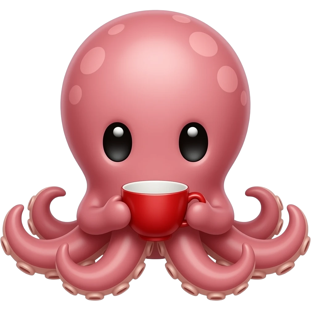 Cute octopus sitting low, holding a red teacup, front-facing whimsical pose emoji
