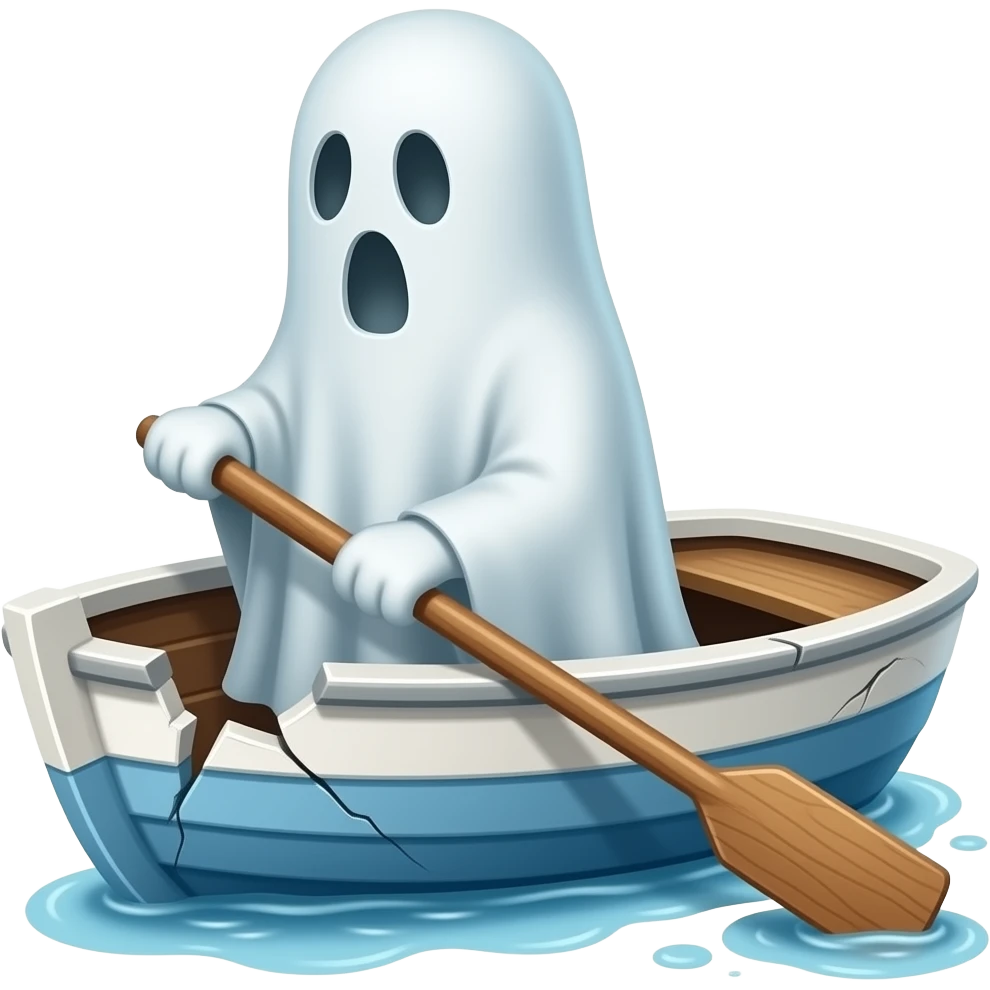 cinematic -  a broken boat with a ghost rowing emoji