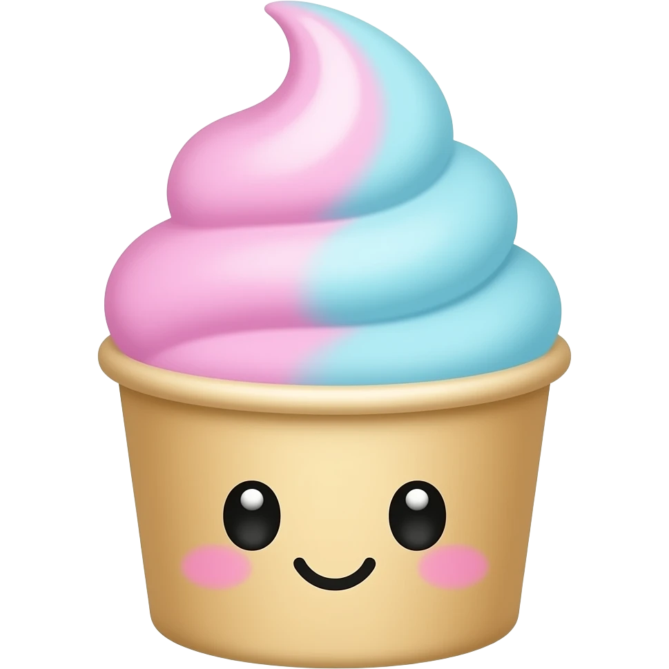 kawaii ice cream cup emoji, colorful pink and blue ice cream scoop in a paper cup, cute dessert icon style emoji