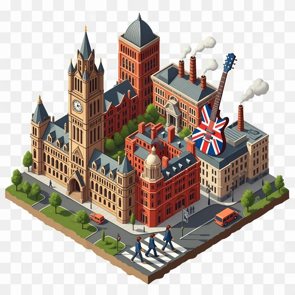 Isometric illustration of Manchester and Liverpool combined, Beatles references (Abbey Road sign), Manchester Town Hall, a Union Jack guitar and brick building in a miniature, toy-style factories, balanced between stylized painting and realistic,  transparent background emoji