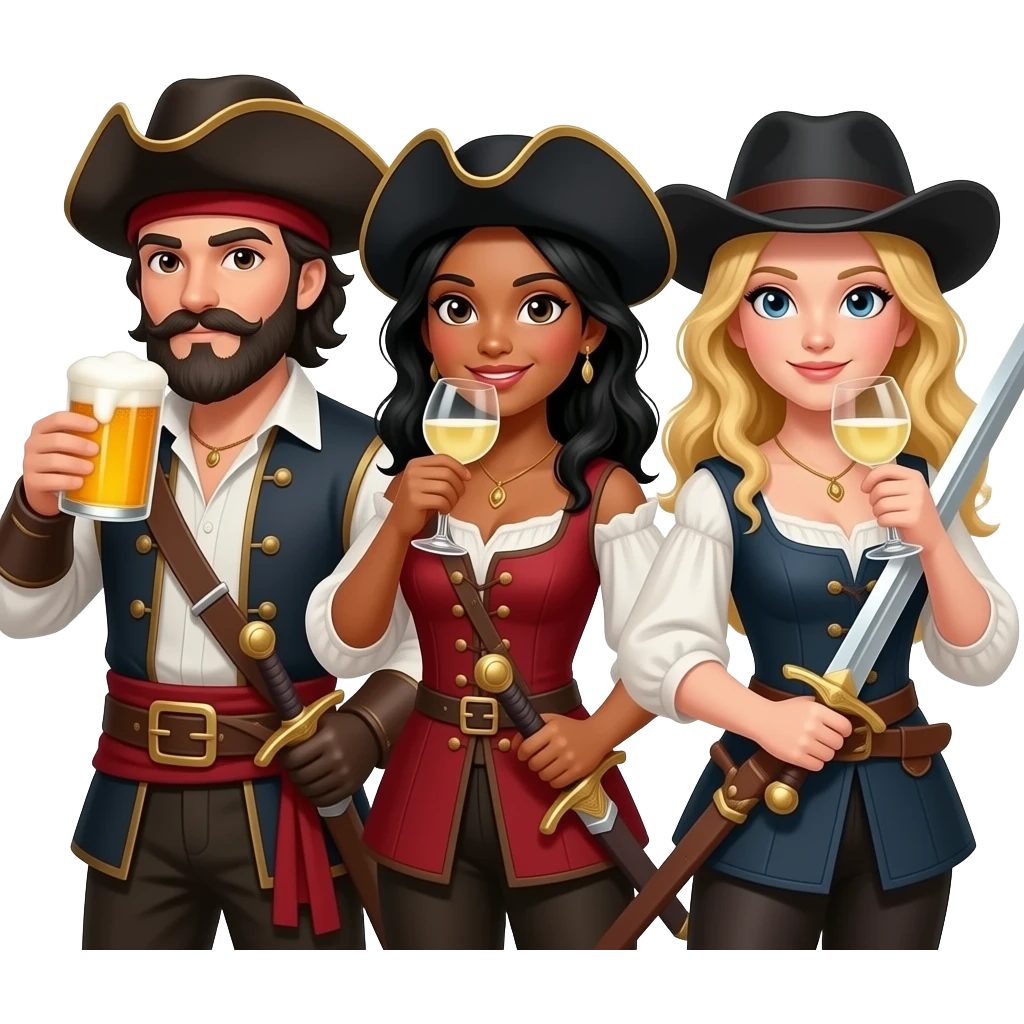 Three musketeers with swords and hats. One guy with black hair, beard and dark brown eyes, one girl with black hair and tanned skin and one girl with blond hair. The guy is drinking beer and the girls white wine. emoji