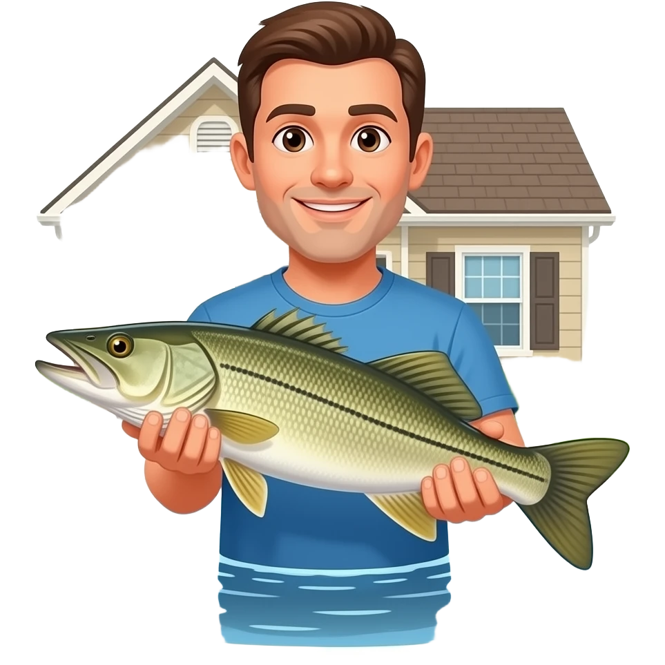 a guy holding a snook fish in his flooded driveway at his house emoji