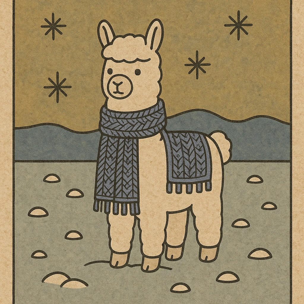 Alpaca toy wearing a knitted scarf in snow. emoji