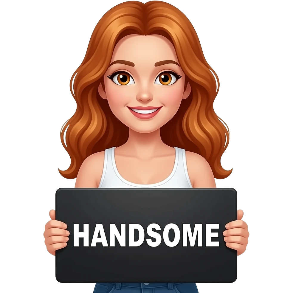 sexy girl with long wavy ginger hair and ginger eyes wearing a white tanktop is holding a black colored sign with HANDSOME  written on it emoji