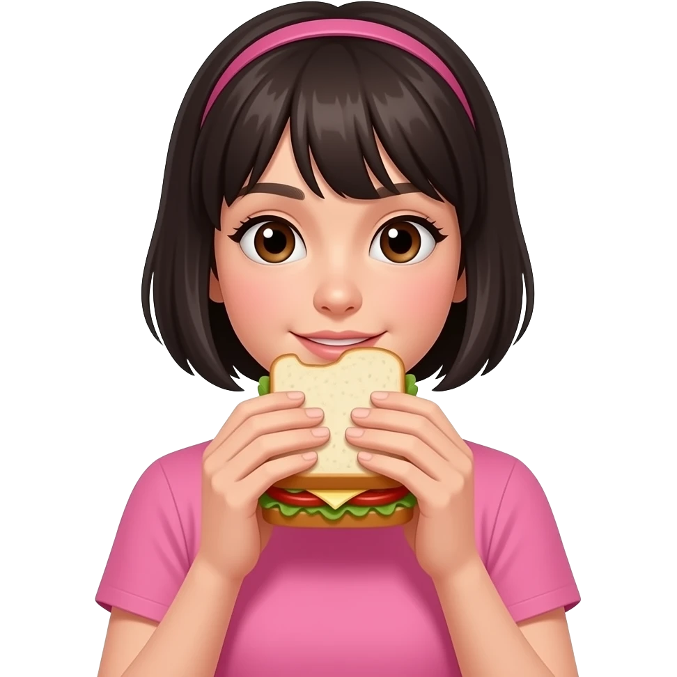 chica de cabello oscuro y corto, con ojos color cafe, con camiseta solida color rosa, comiendo un sándwich en el comedor emoji