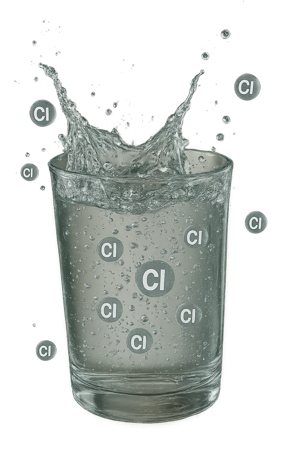 un bicchiere di acqua cade verticalmente dall'alto realistico e dettagliato, dentro l'acqua del bicchiere ci sono particelle di cloro ben visibili con la scritta "Cl" sopra, ci sono particelle anche che escono dal bicchiere e fluttuano in aria verticalmente, mentre alcune sono all'interno dell'acqua nel bicchiere, iperrealistico 4k emoji