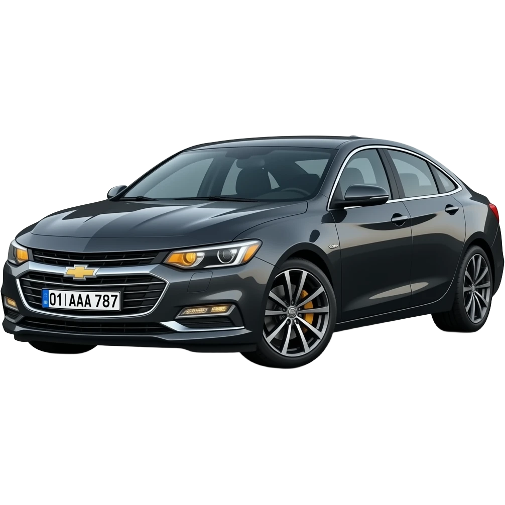 A realistic icon emoji of a metallic black sedan Chevrolet Malibu 2.0L Turbo Premier, dark charcoal tint windows, black alloy 5-spoke rims, Dynamic amber glow LED headlights with sharp laser-beam effect, uzbekistan region number texts "01 | AAA 787" in plate emoji