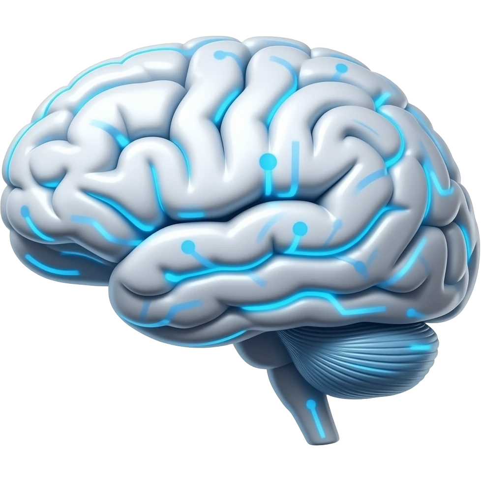 Minimalist flat icon, SCP style, brain with circuit lines, blue accent, clean and modern, transparent background emoji