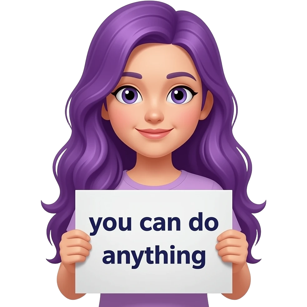 girl with long purple hair holding a GIRL... you can do anything sign emoji