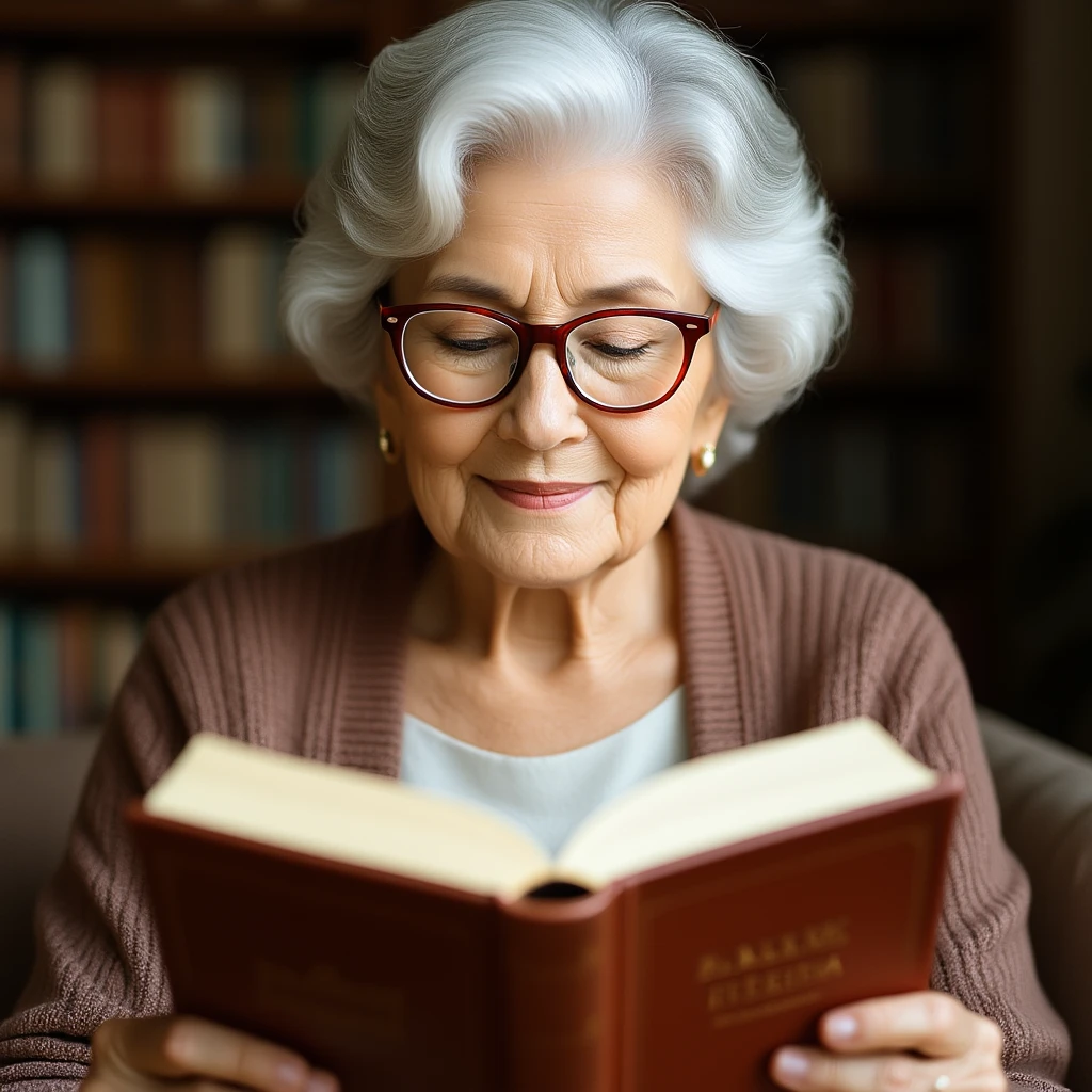 older woman wearing glasses, reading a book, gentle look emoji