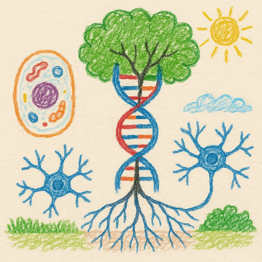 A realistic biological illustration (like in a school book) showing: DNA strands transitioning into a tree, cells with visible organelles, neurons connected to plant roots  and a balanced ecosystem background . Seamless integration, no labels or borders, white or transparent background, detailed but minimalist.  emoji