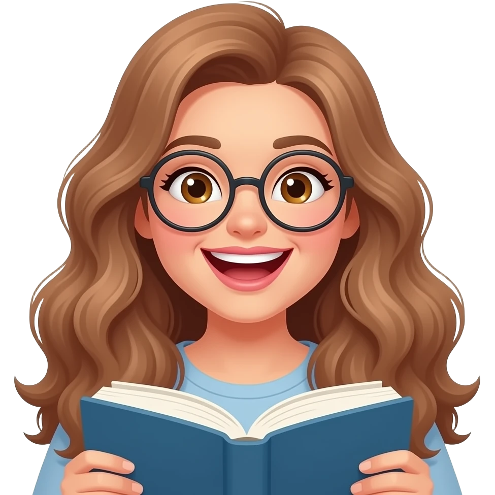 detailed emoji illustration of a curvy woman with long light brown wavy hair, light brown eyes and round glasses laughing hard while holding a book, amused by a funny moment, playful april fools atmosphere, cute emoji style emoji