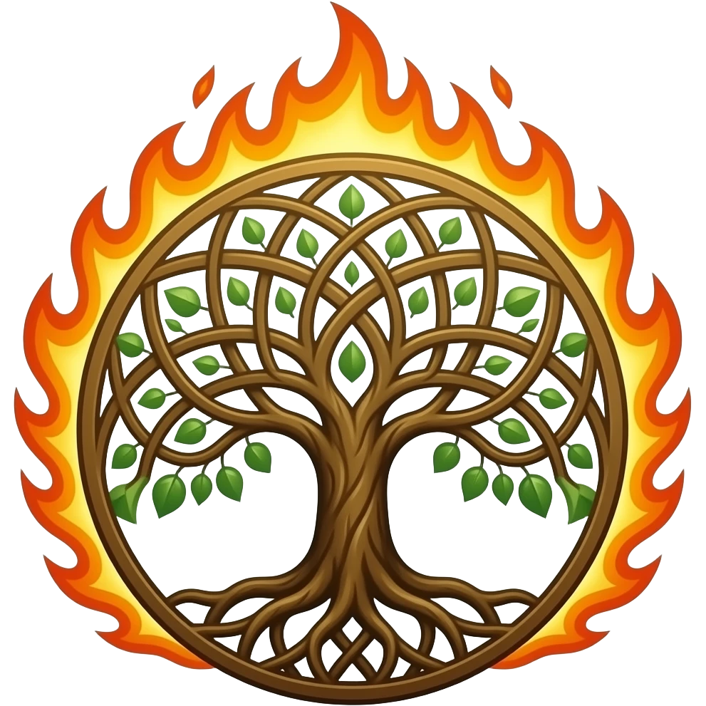 artistic Tree of Life emblem, ancient symbol with surrounding fire blazing up on top half emoji
