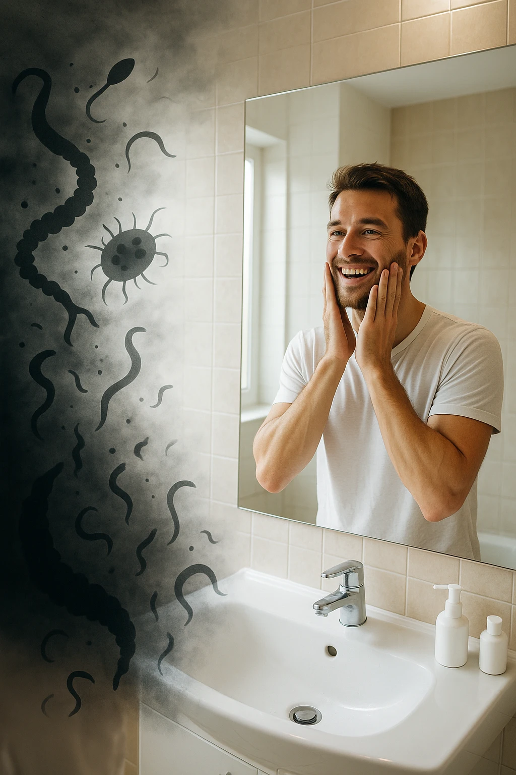 a man stands in a brightly lit bathroom, looking relieved and revitalized as he examines his reflection in the mirror. In the foreground, stylized, shadowy images of parasites (such as worms or protozoa) are shown leaving his body, dissolving into mist or fading away. His posture is upright and his expression is one of newfound energy and health. emoji