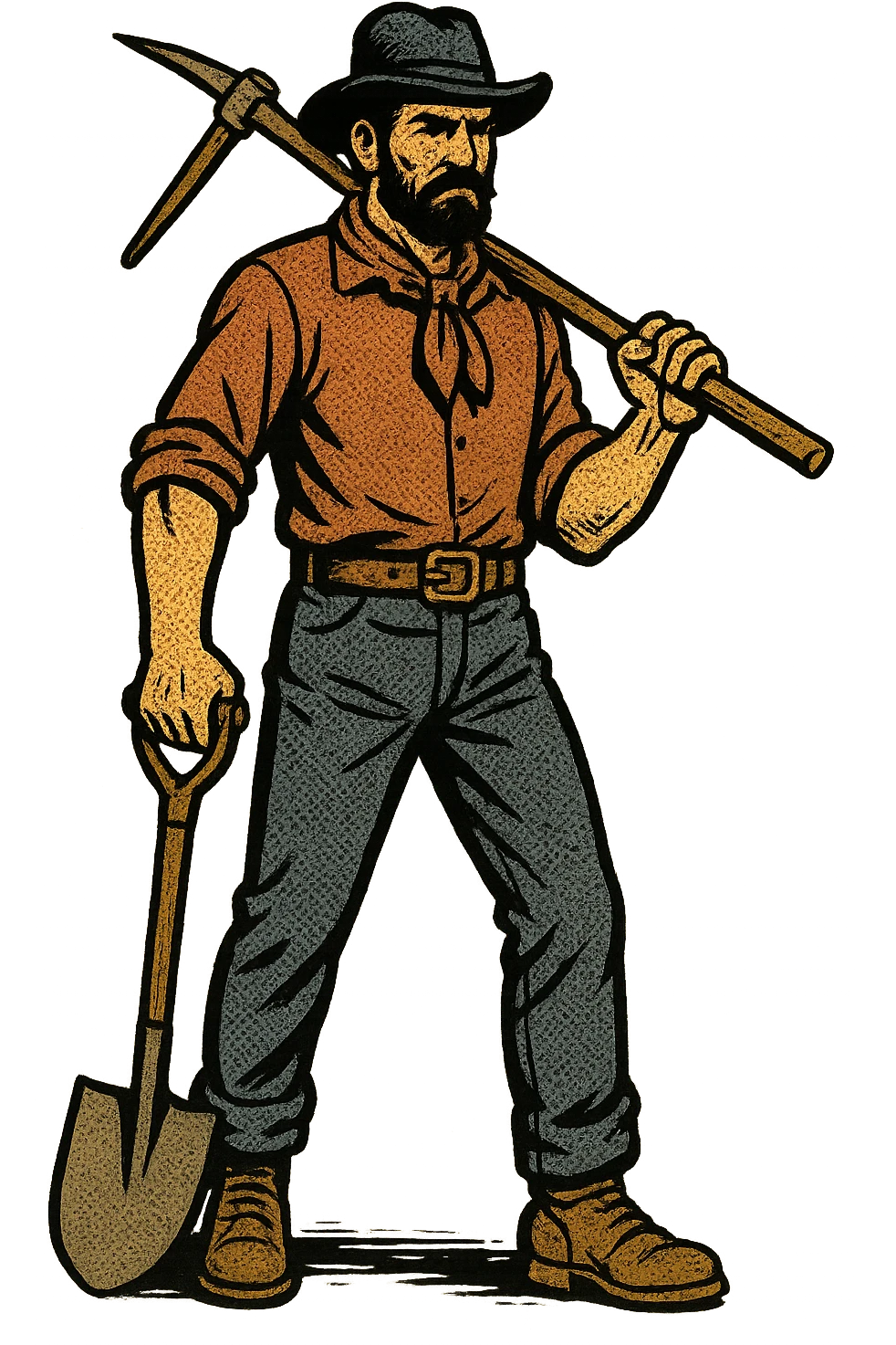 The full body of an American railroad worker from the 1860s in the American West holding tools and a shovel. emoji