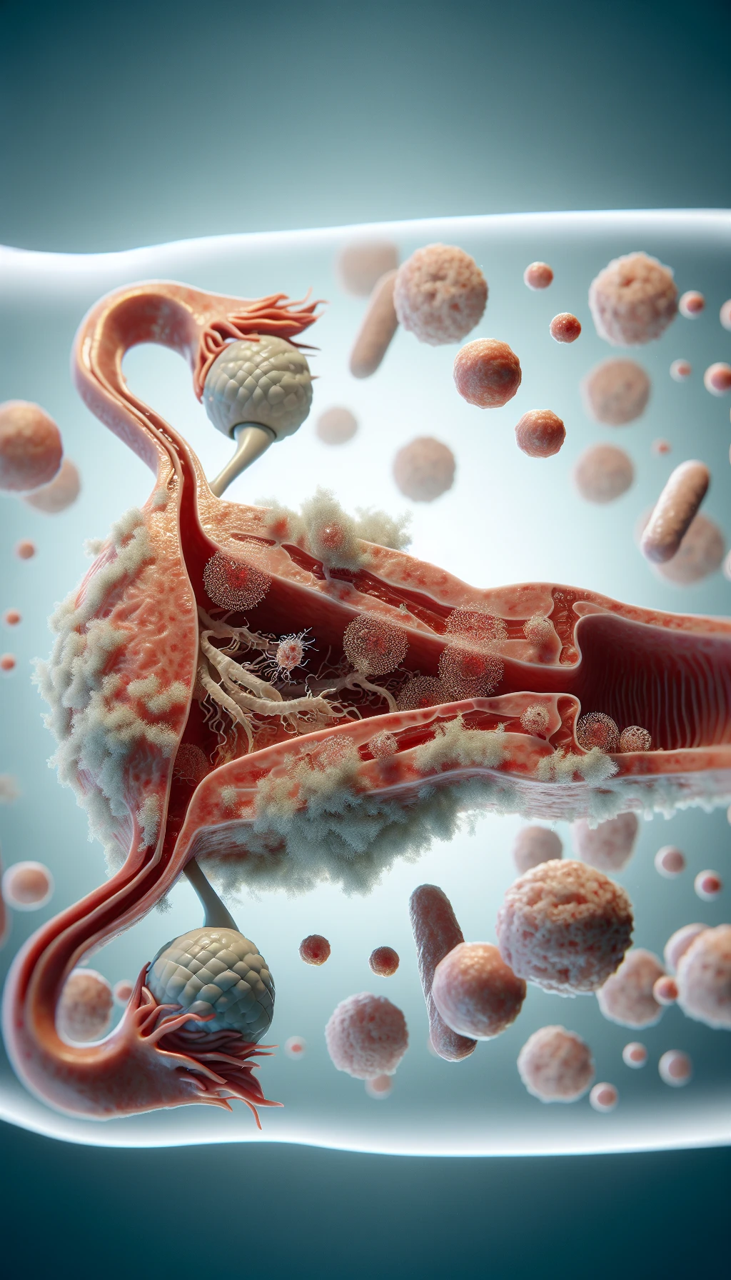 corpo umano anatomico con batteri come la candida nell'utero, sfondo neutro chiaro, iperrealistico 4k emoji