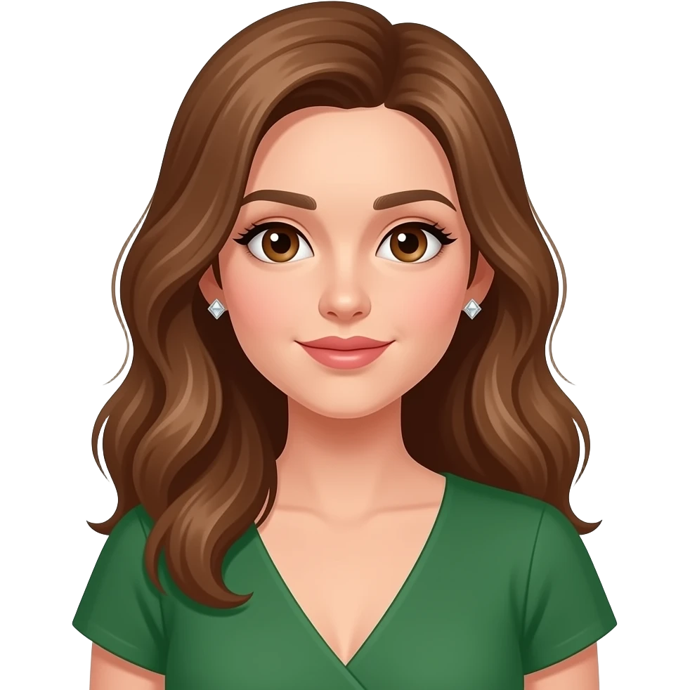 girl like https://www.emojis.com/emoji/emoji-VD96a8gMUDC but with light brown hair, brown eyes. diamond earrings, v neck dress in green emoji