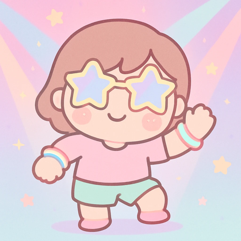 kawaii style dancing character with star shaped sunglasses glow bracelets cheerful expression in rave setting emoji