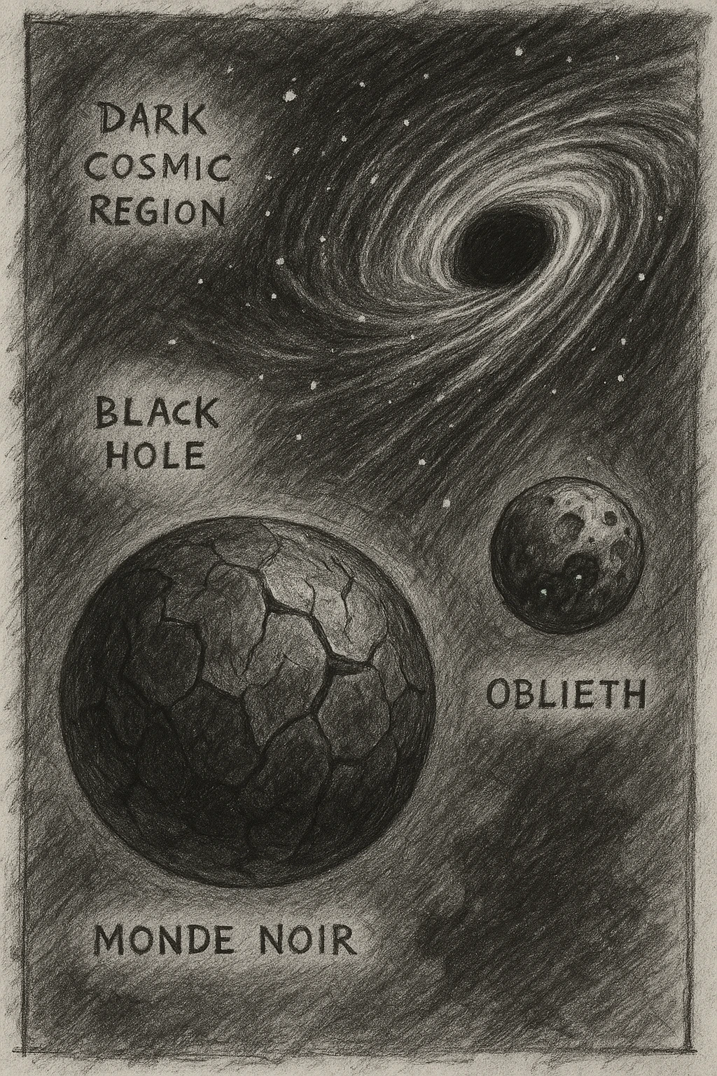 hand drawn map of dark back ward -“A dark cosmic region orbiting a massive black hole. No sunlight. A dead solar system with twisted planets and moons circling in silence. Monde Noir looms in the foreground — a cracked, obsidian planet with no atmosphere. Its moon, Oblieth, floats nearby, scarred and pitted, with faint green lights glowing from within cave openings. Stars are distorted and streaked by gravitational lensing. The entire scene is heavy, quiet, and surreal.” emoji