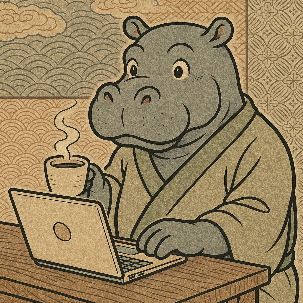 A cartoon hippo sitting at a laptop, drinking coffee, in the style of Japanese anime. emoji
