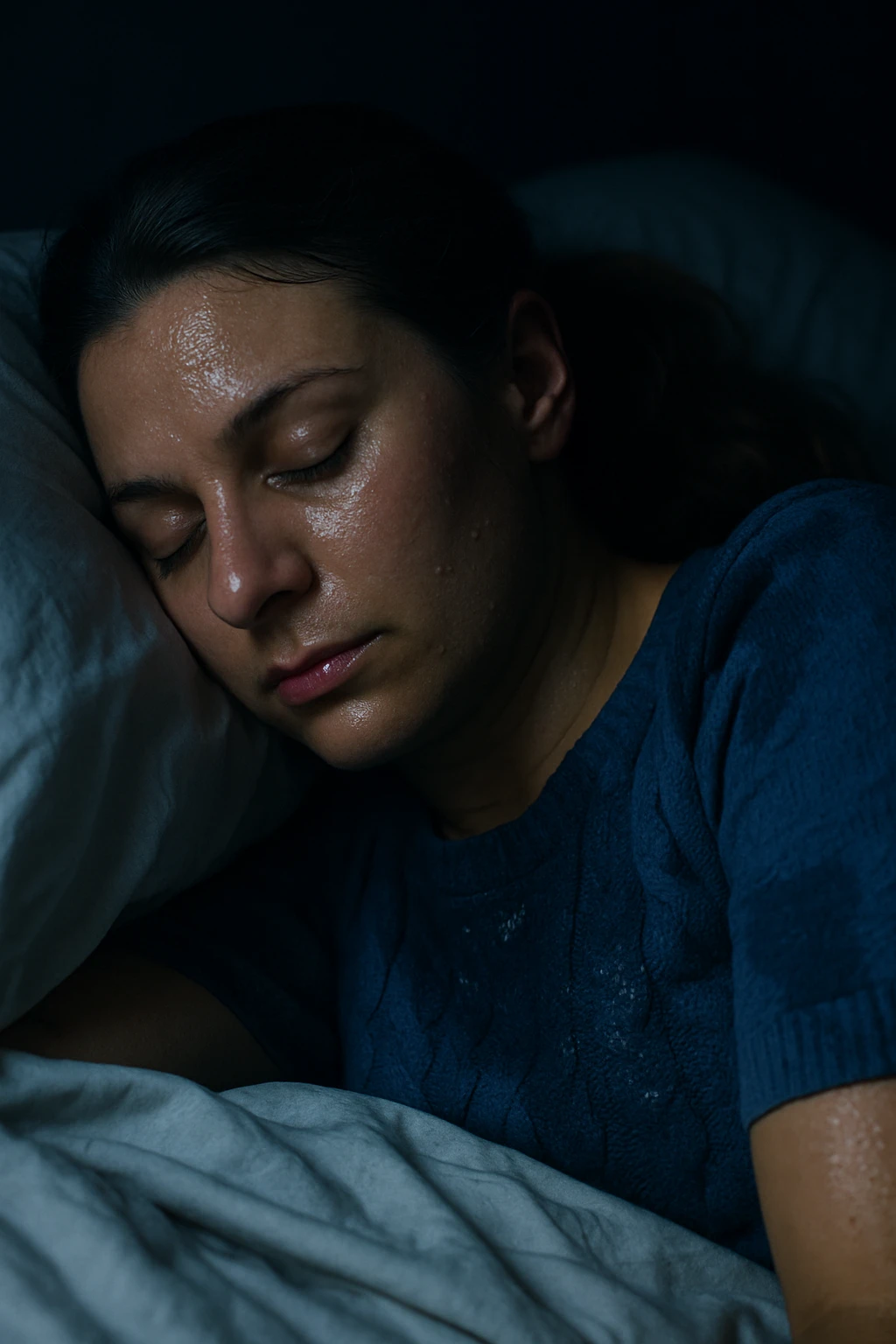 Realistic and cinematic vertical portrait of a woman sleeping at night, heavily sweating due to PCOS (polycystic ovary syndrome). The woman's face and features closely resemble the person in the reference photo. Nighttime atmosphere with realistic details including sweat-soaked sheets. Focus on hyper-realistic textures and lighting to convey the scene authentically. emoji