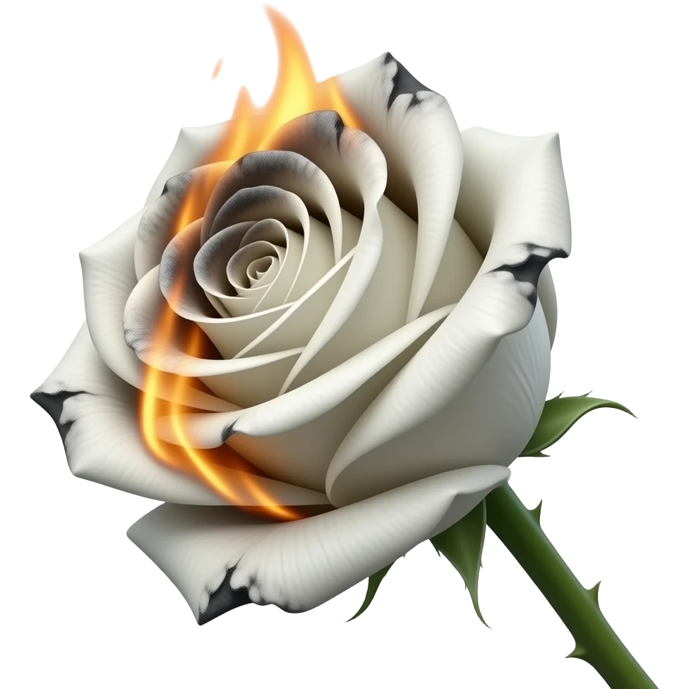 A white rose partially consumed by fire, smoky ombre petals, gritty charcoal residue, long visible stem, hyper-realistic, clean studio lighting emoji