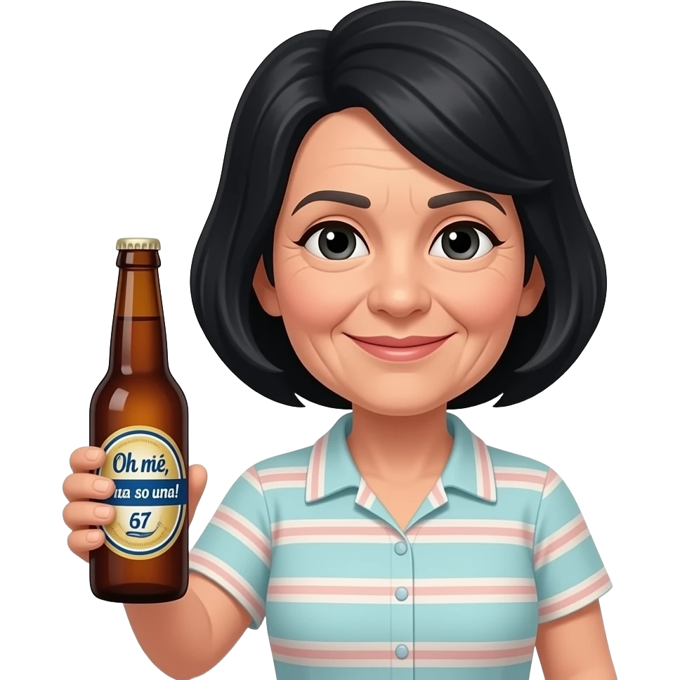 mulher, 67 anos, cabelo preto, olhos escuros a segurar garrafa de cerveja com logo a dizer "Oh mãe, há só uma!" em português emoji