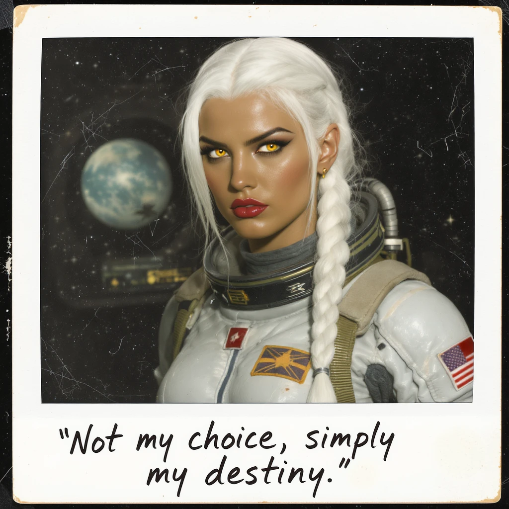 a retro military pinup fuselage decoration for the motto " not my choice, simply my destiny "
the female figure, white hair 1 braid, gold yellow eyes, spacer, fierce, exo-rogue, menacing emoji