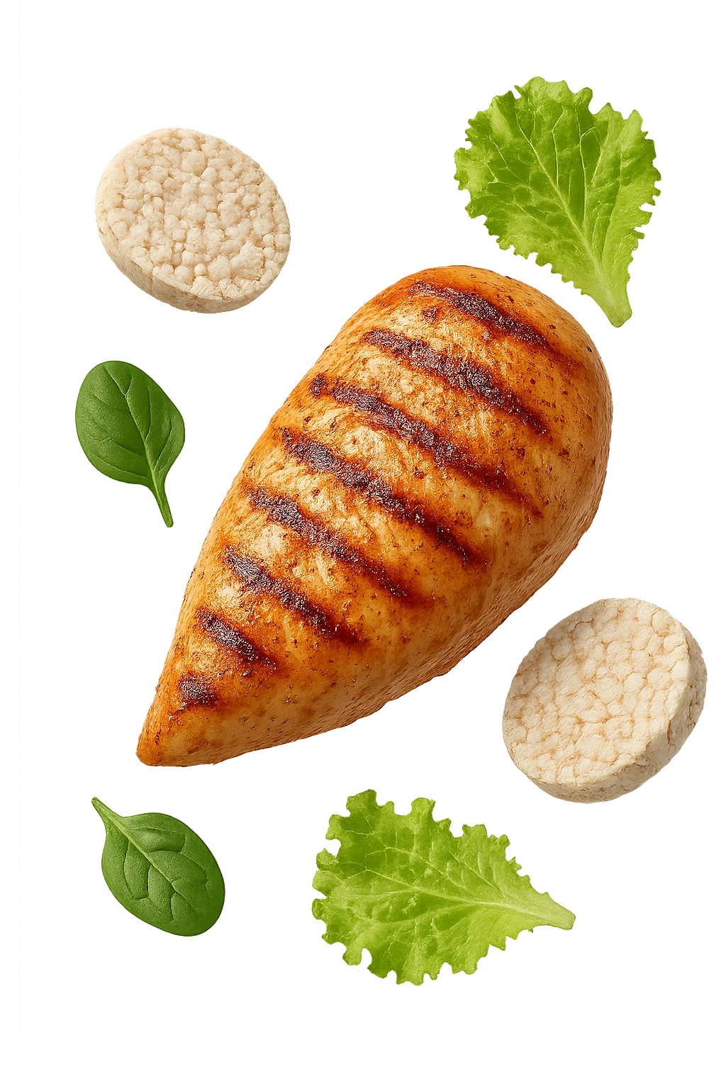 petto di pollo grigliato fluttua in aria insieme a gallette di riso e foglie di insalata, iperrealistico 4k emoji