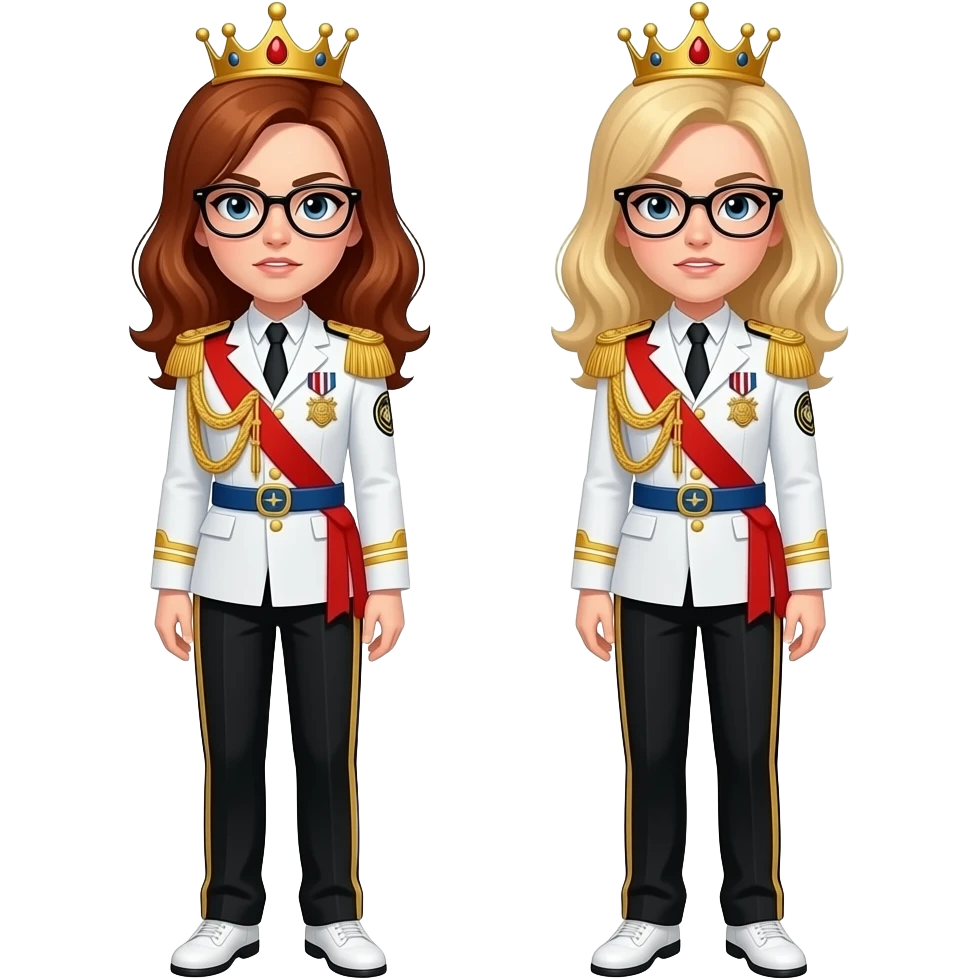 brown bushy auburn haired female android 21 and blonde shoulder length haired android 18 from dragon ball fighterz are wear gold tiara black glass white military tunic arm badge shoulder cord medal red sash blue belt black trouser with two side stripes white shoes and become as evilness emoji