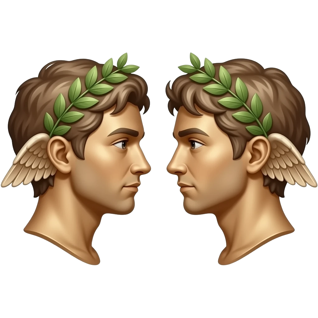 twins, two bronze faces in profile in a parallel composition, they have small wings instead of ears and a laurel wreath around their heads emoji