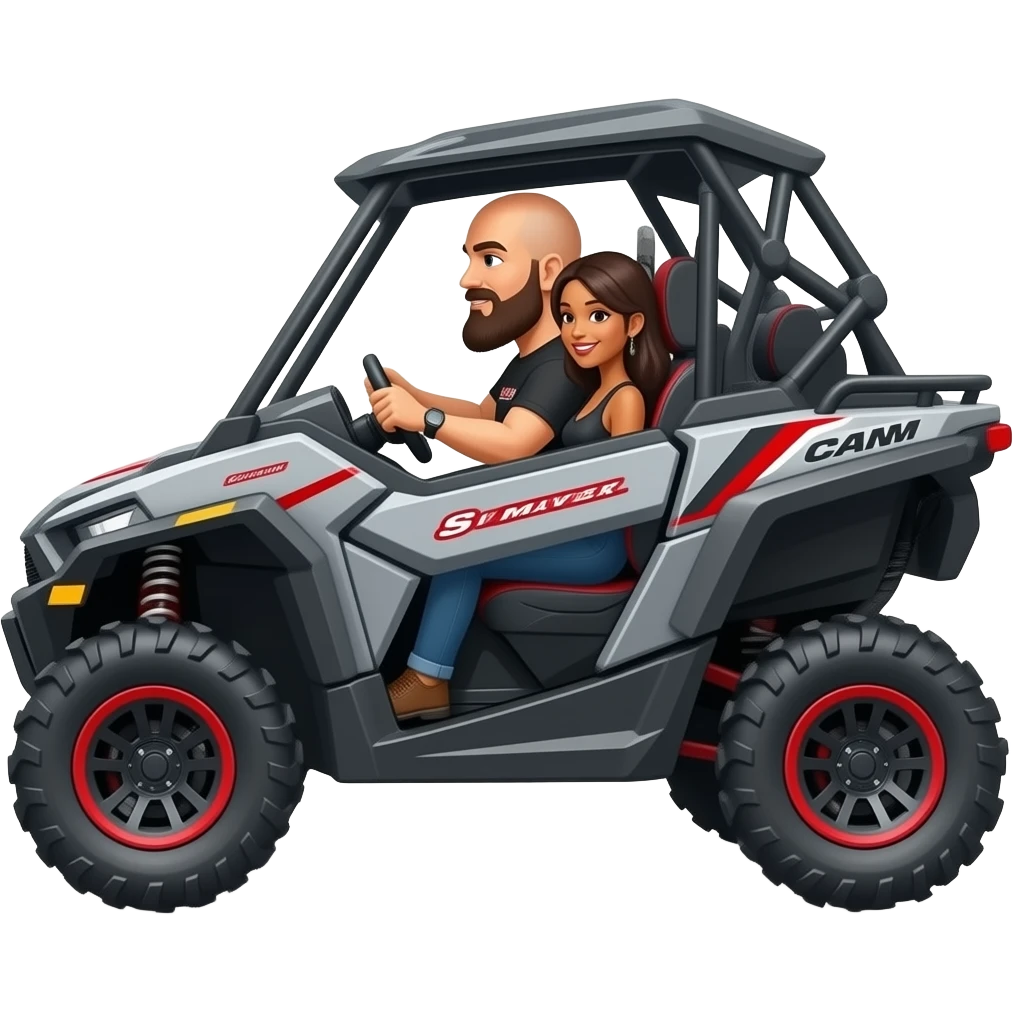 Side view of grey and red can am maverick sxs with guy driving (big bald guy with big beard) and wife in front side seat that’s dark tan with black hair emoji