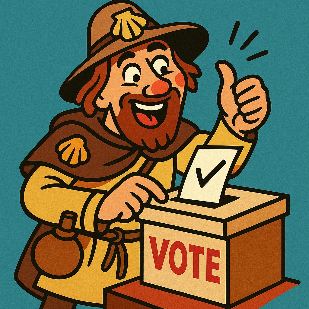 medieval pilgrim voting in a funny, cartoonish way, exaggerated expressions, vibrant toon style emoji