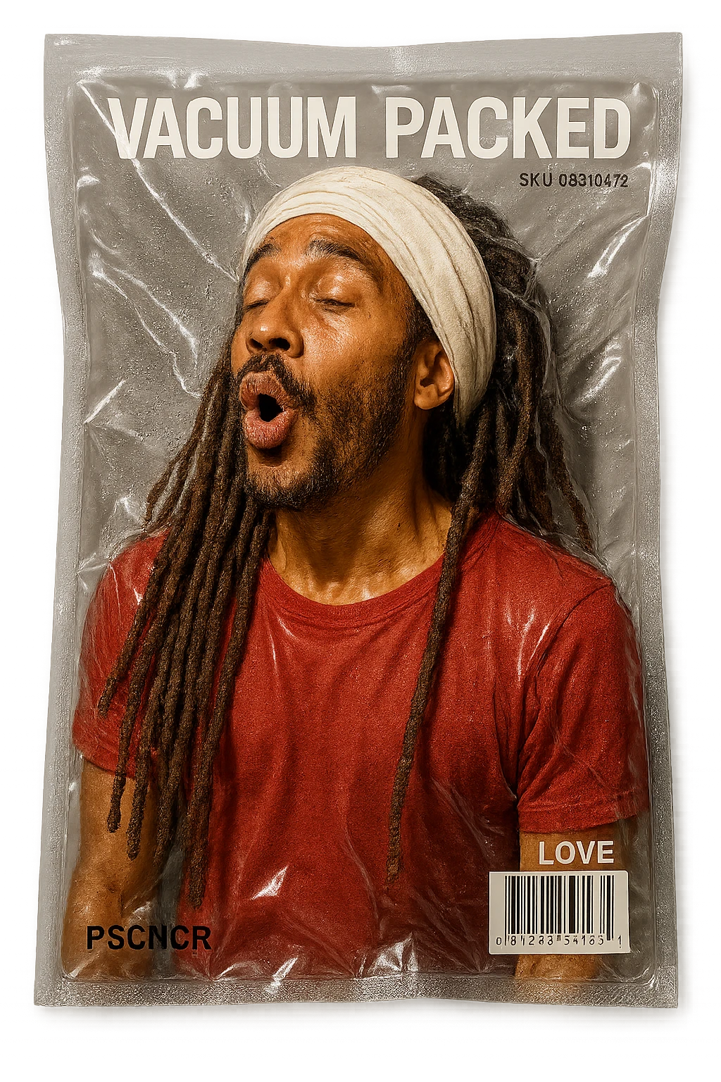 Brownskin man with long brown dreadlocks 
red t-shirt 
white turban 
expression is in love 
his eyes mouth open  emoji