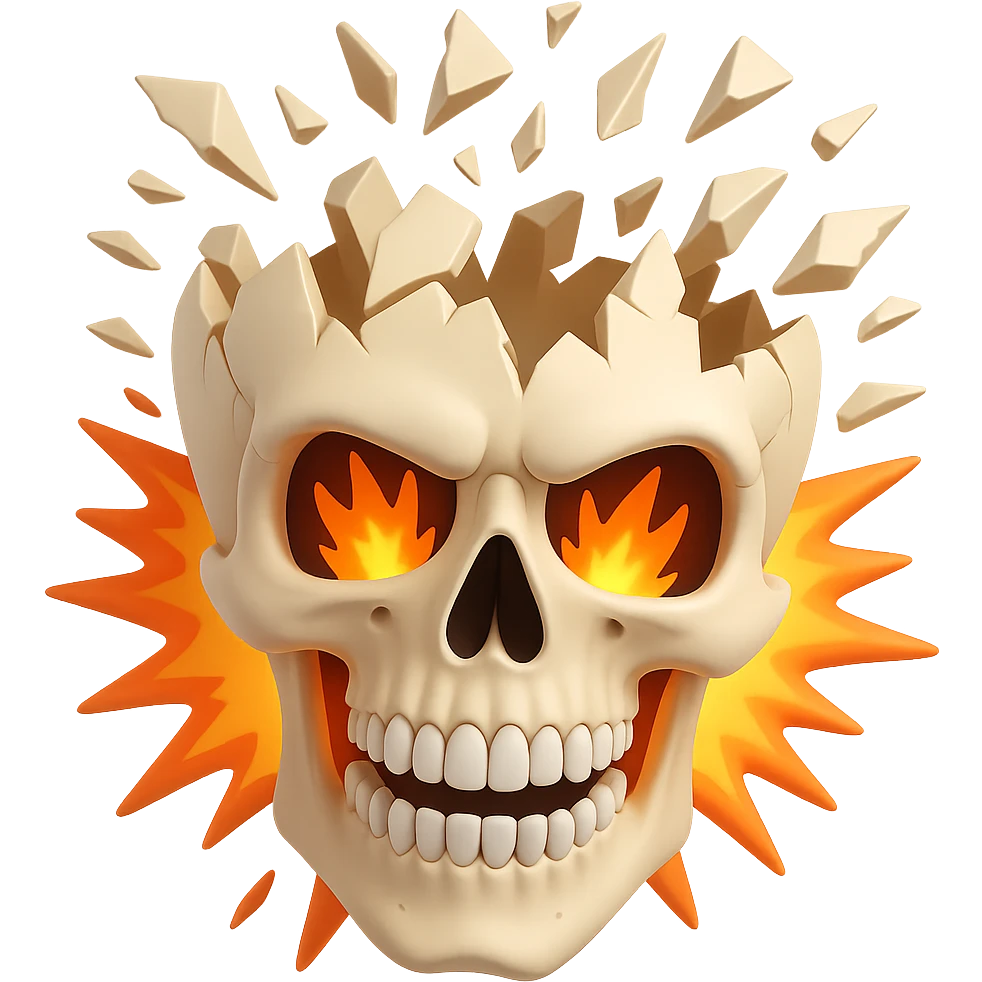 Make only the top of the skull's head explode, keep the rest of the skull intact, in the style of microsoft style 3d fluent emojis with no background. emoji