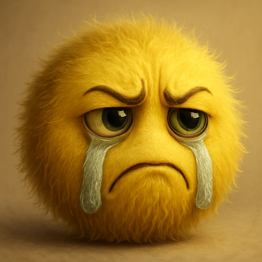 a furry yellow ball with a face, displaying both sadness and jealousy, with fur-textured tears and lifelike emotion emoji