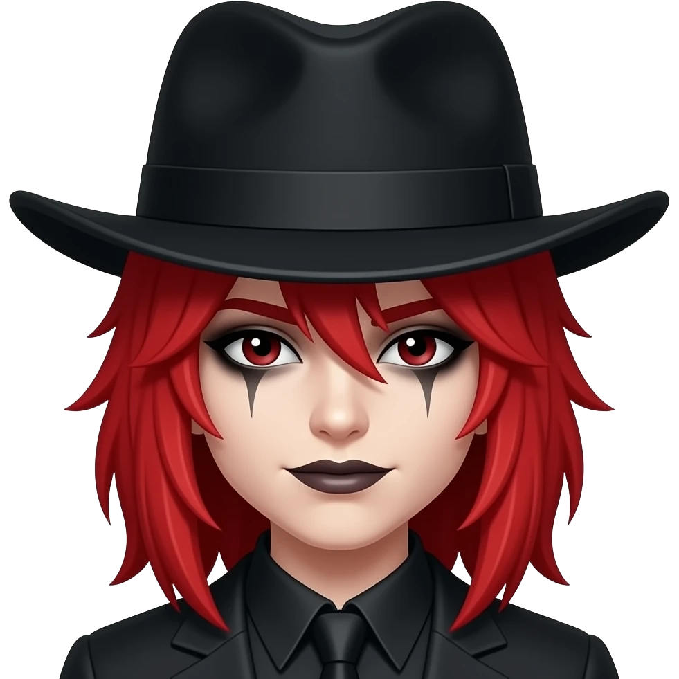 a goth in black hat red hairs shadow eyes and wear a hat emoji