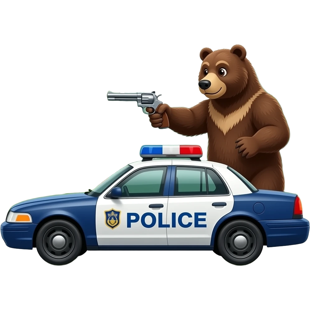Urso na floresta no carro da polícia com revolver dando tiro em todo mundo e um sange no chao emoji