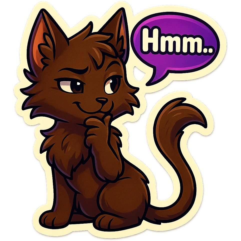 a dark-brown fluffy cute kawaii anthropomorphic furry anime cat-furry with tufted ears and a long thin tufted tail, thinking, smirking thoughtfully, saying “Hmm..” with a purple speech bubble, (cartoon style) (cute anime style) (furry style) (deviantArt style) (artist style: Kamirah) emoji