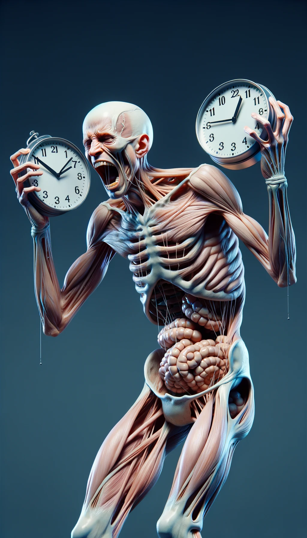 corpo umano anatomico CHE TIENE OROLOGI NELLE MANI E STA IMPAZZENDO PERCHé NON RIESCE A SVOLGERE TUTTE LE SUE ATTIVITà QUOTIDIANE: NON HA TEMPO, iperrealistico 4k emoji