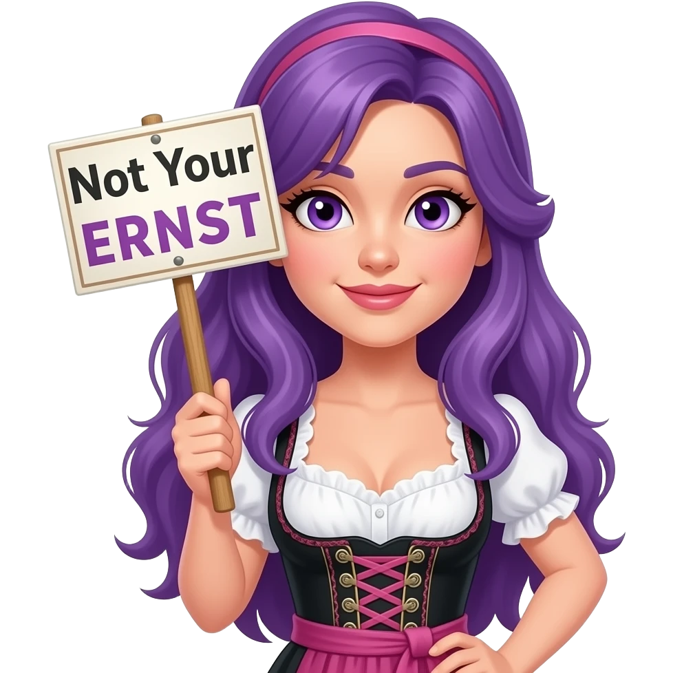 sexy girl with long purple hair and purple eyes wearing a dirndl holding a Not Your ERNST sign emoji