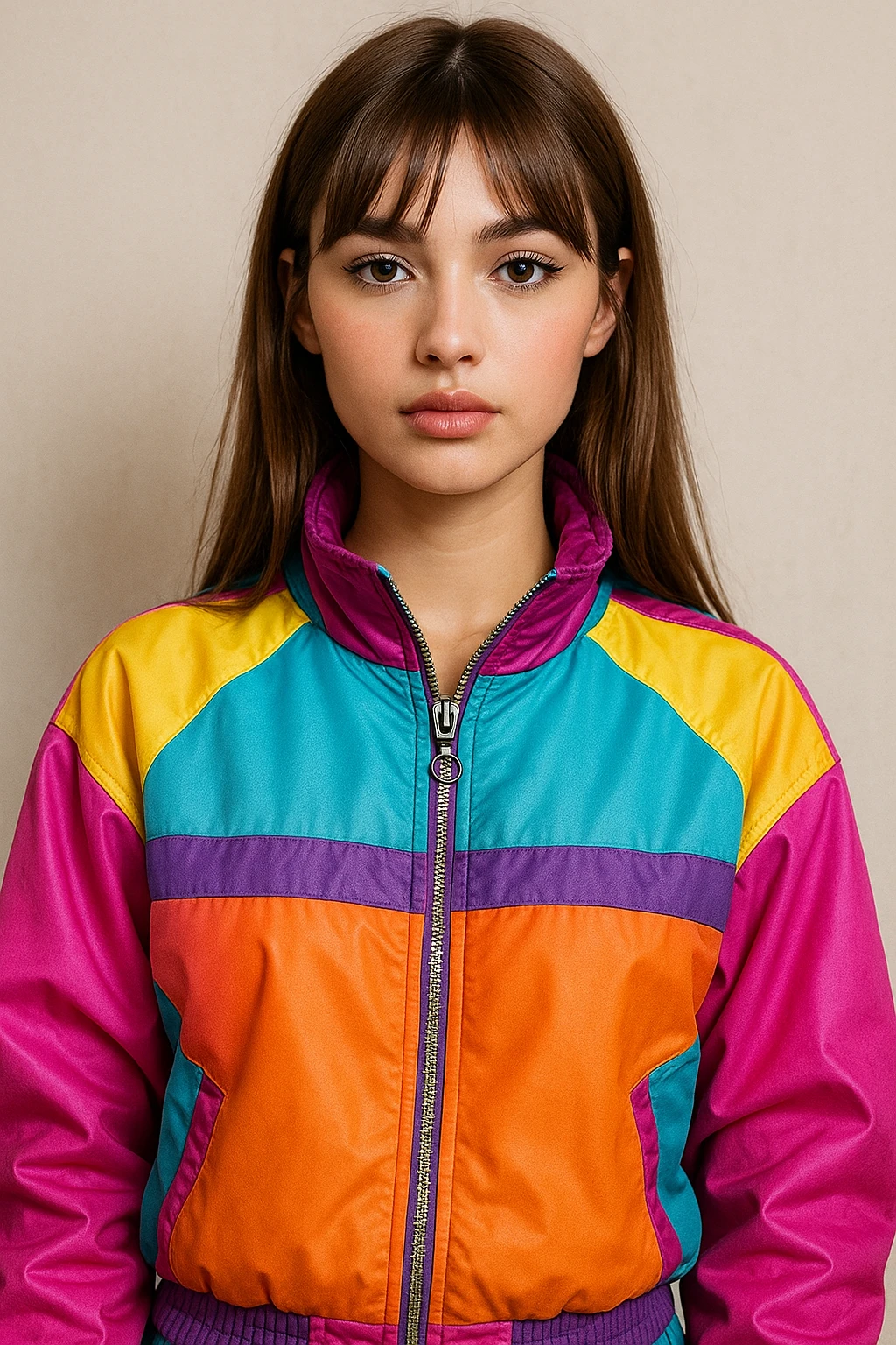 stylish girl, light fair skin, straight long light brown hair with curtain bangs, dark brown almond eyes, in a colorful Y2K jacket, detailed, trendy, realistic portrait emoji