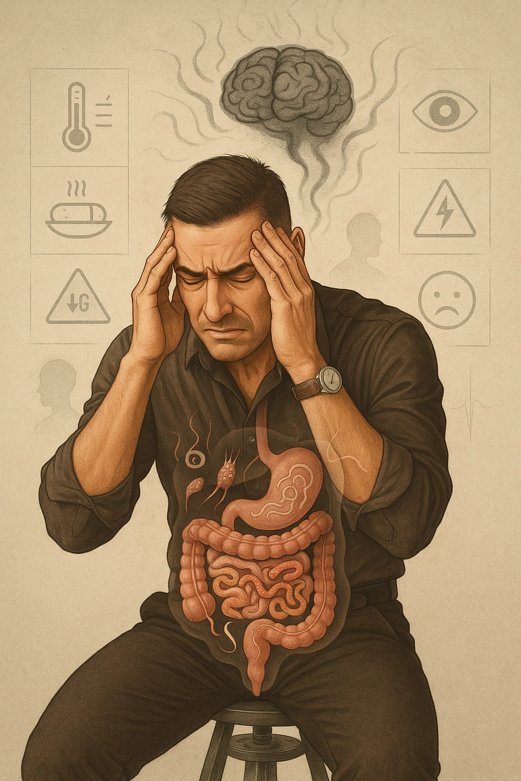 a person sits with a troubled expression, holding their head in their hands. A transparent overlay on their body reveals stylized images of parasites in the digestive tract, while faint, shadowy tendrils extend upward toward the brain, symbolizing the psychological impact. The background is clinical and educational, with subtle icons representing both physical and mental symptoms. emoji