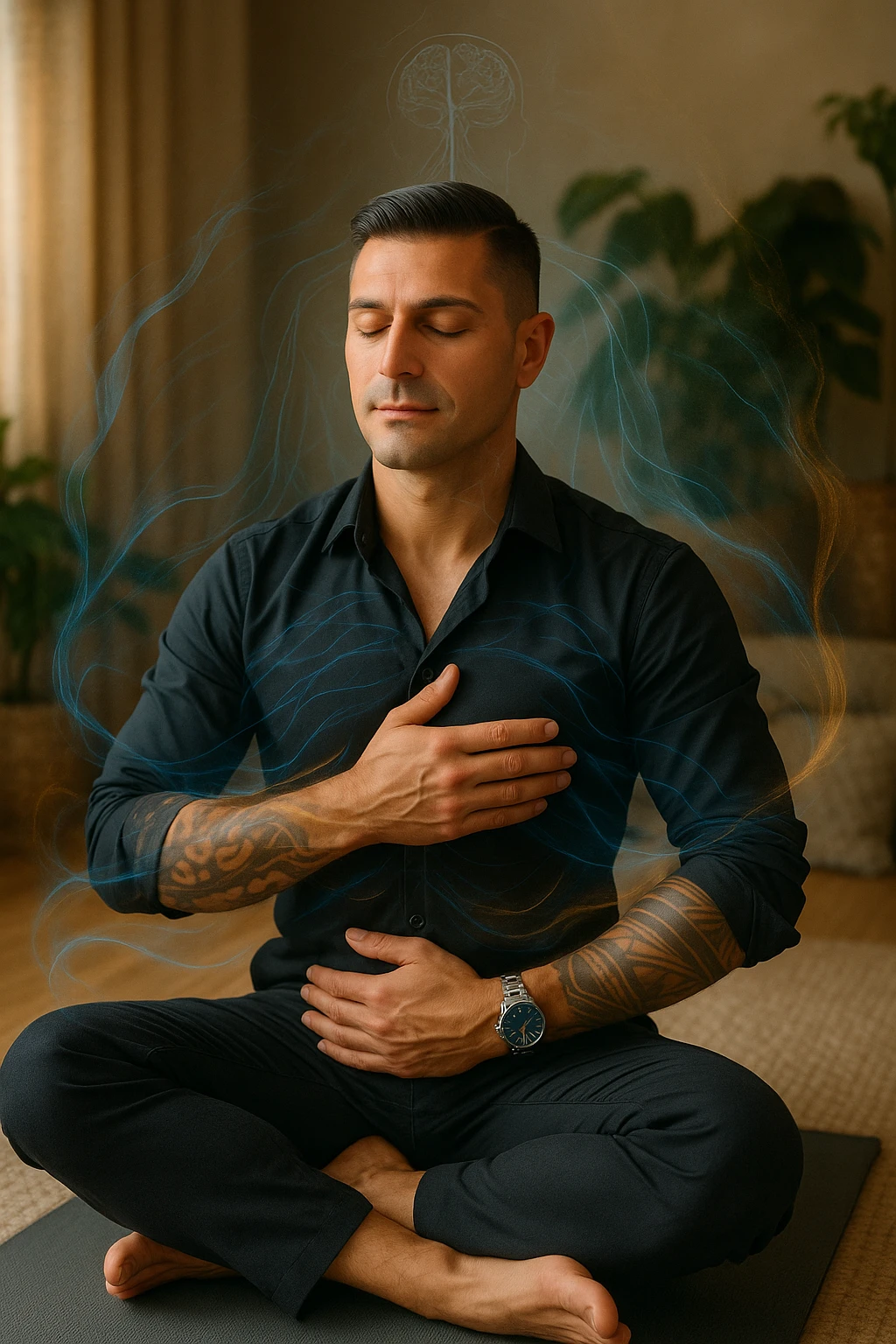 A highly realistic, cinematic portrait of a man in his early 30s with a calm, focused expression, sitting cross-legged on a yoga mat in a softly lit, peaceful room with warm, natural light. His eyes are gently closed as he practices slow, deep breathing, with one hand on his chest and the other on his abdomen, visibly rising and falling, symbolizing diaphragmatic breathing. Subtle blue and warm golden light waves gently swirl around him, visually representing the calming of anxiety, stress, and depressive thoughts. His posture is upright but relaxed, with relaxed shoulders and a slight serene smile on his lips, showing emotional relief and inner calm. The background has green plants and soft textures, evoking a peaceful and healing environment. The style is 35mm hyperrealistic photography with soft depth of field, focusing on his peaceful face and breathing posture, while faint overlays of nervous system diagrams and gentle energy waves hint at the healing power of conscious breathing on the mind and body emoji
