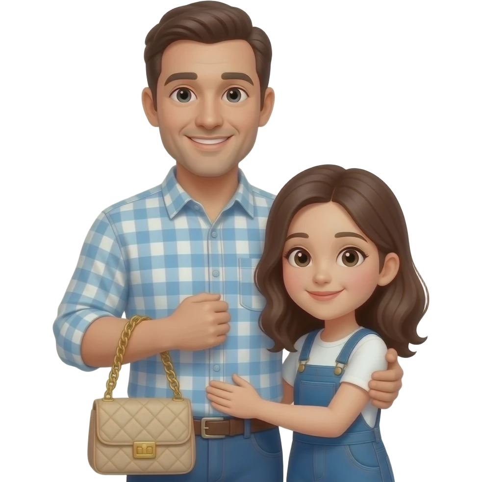 Bir adam. Adamın bil koluna sarılan kız. Diğer koluna bej zincili çanta emoji